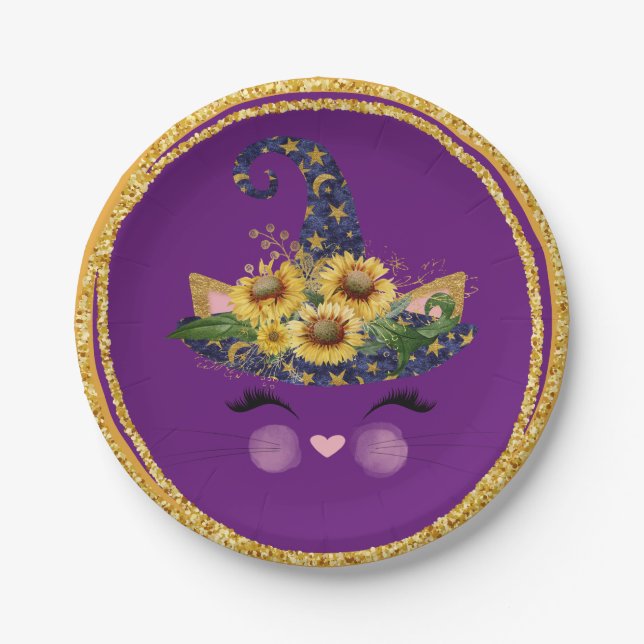 Cute Kitty Witch Glittery Halloween Paper Plate (Front)