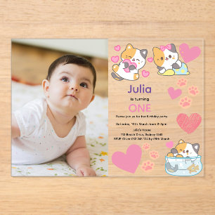 Cute kitty with baby photo girl birthday  acrylic invitations