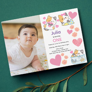 Cute kitty with baby photo girl birthday  invitation