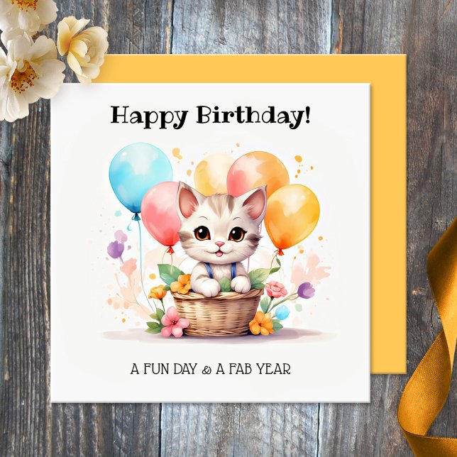 Cute Kitty with Balloons Happy Birthday  Card (Birthday card featuring a cut kitten in a basket with colorful balloons. Nice for a cat loving girl)