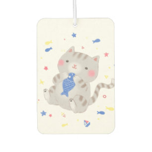 Cute Kitty with Fish in Summer Illustration Car Air Freshener