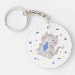 Cute Kitty with Fish in Summer Illustration Key Ring