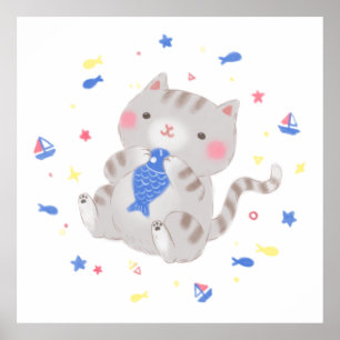 Cute Kitty with Fish in Summer Illustration Poster