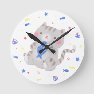 Cute Kitty with Fish in Summer Illustration Round Clock