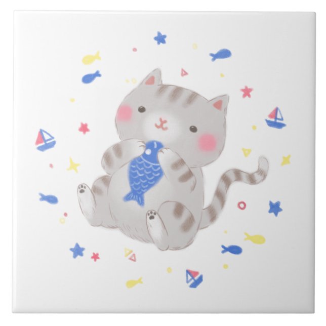Cute Kitty with Fish in Summer Illustration Tile (Front)