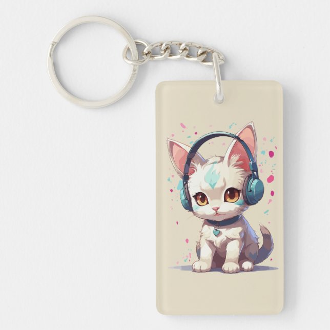 Cute Kitty with Headphones Charm Key Ring (Front)