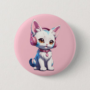 Cute Kitty with Headphones Magic 6 Cm Round Badge