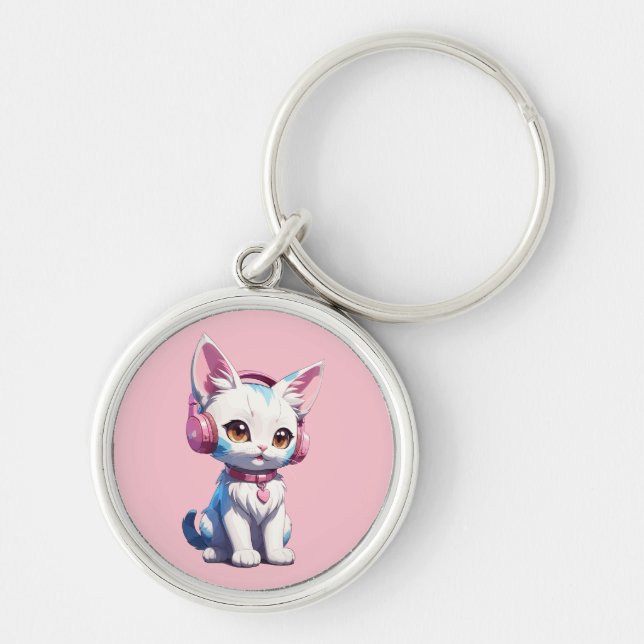 Cute Kitty with Headphones Magic Key Ring (Front)