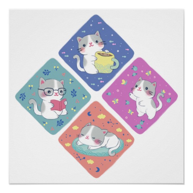 Cute Kitty's Busy Day Illustration Poster (Front)