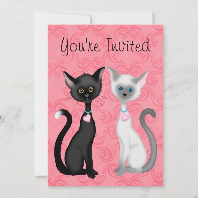 Cute Kity Cats Pink, Black, White Birthday Invite (Front)