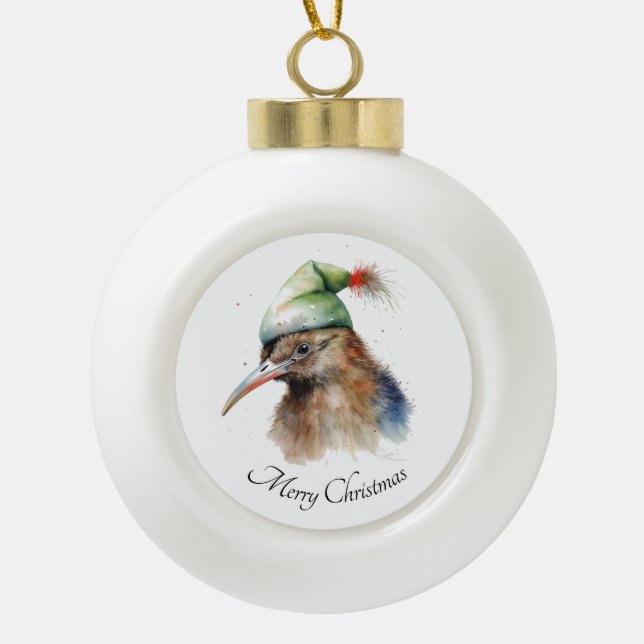 Cute Kiwi Bird in Christmas Elf Hat, custom Ceramic Ball Christmas Ornament (Front)