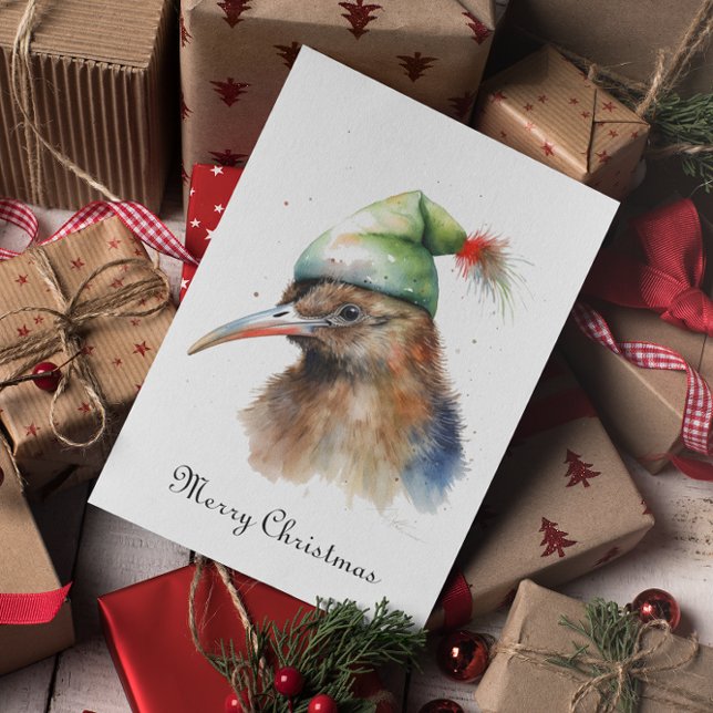 Cute Kiwi Bird in Christmas Elf Hat, custom Foil Holiday Card (Creator Uploaded)