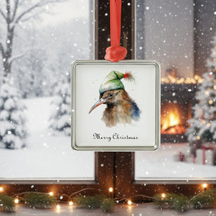 Cute Kiwi Bird in Christmas Elf Hat, custom Metal Tree Decoration
