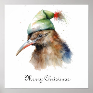 Cute Kiwi Bird in Christmas Elf Hat, custom Poster