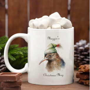Cute Kiwi Bird in Christmas Elf Hat, custom Two-Tone Coffee Mug