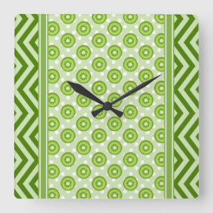 Cute Kiwi Slices Polka Dot & Chevron Green Square Wall Clock