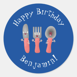 Cute knife fork and spoon cutlery cartoon classic round sticker