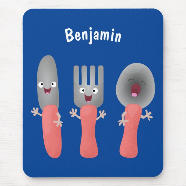 Cute knife fork and spoon cutlery cartoon mouse mat (Front)