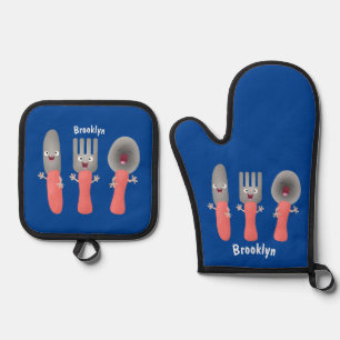 Cute knife fork and spoon cutlery cartoon oven mitt & pot holder set