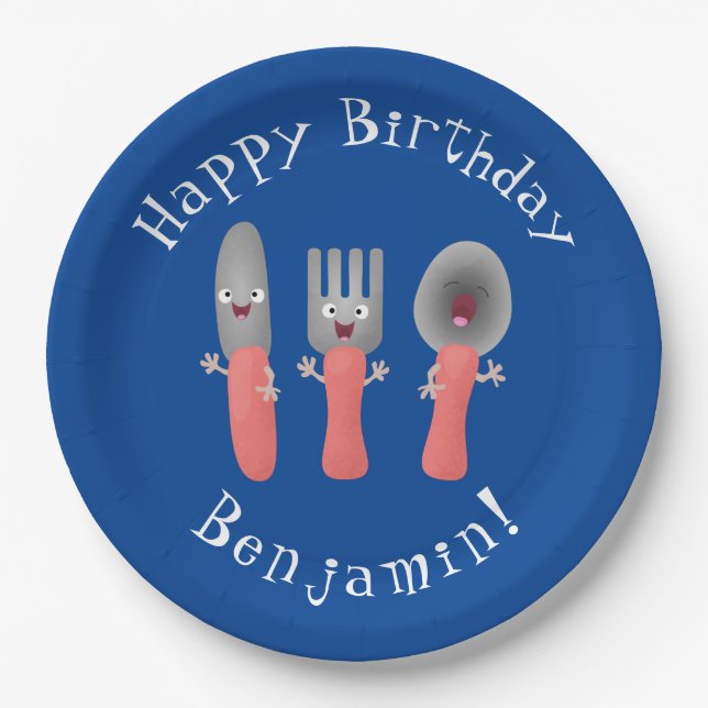 Cute knife fork and spoon cutlery cartoon paper plate (Front)