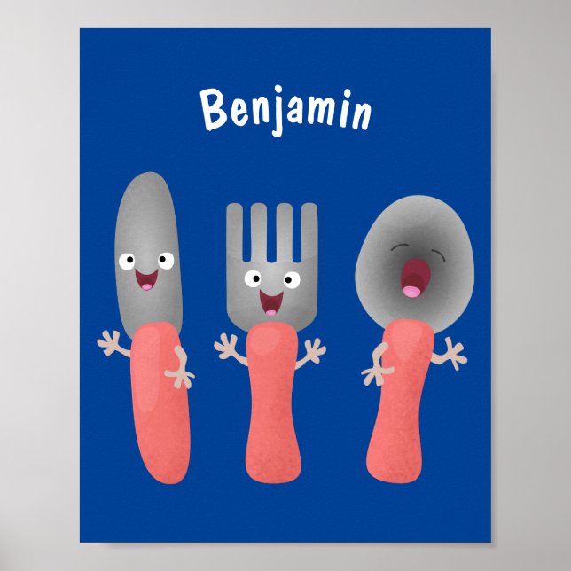 Cute knife fork and spoon cutlery cartoon poster (Front)