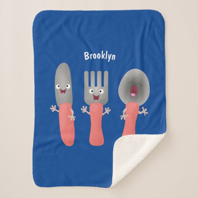 Cute knife fork and spoon cutlery cartoon sherpa blanket (Front)