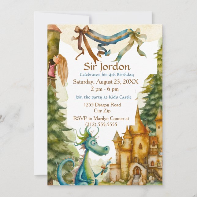 Cute Knight Dragon Castle Birthday Party Kids Invitation (Front)