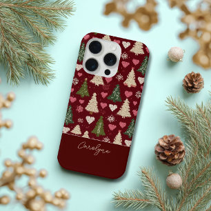 Cute Knitted Christmas Tree and Hearts Pattern iPhone 15 Pro Case