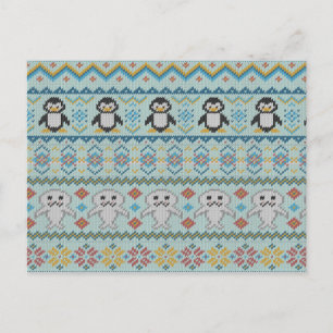 Cute Knitted Penguin and Seal Pattern Postcard