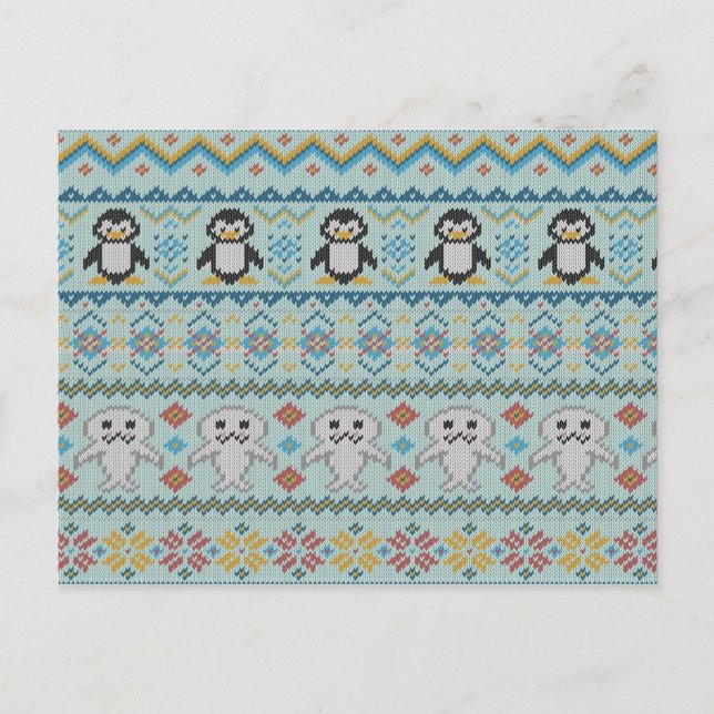 Cute Knitted Penguin and Seal Pattern Postcard (Front)
