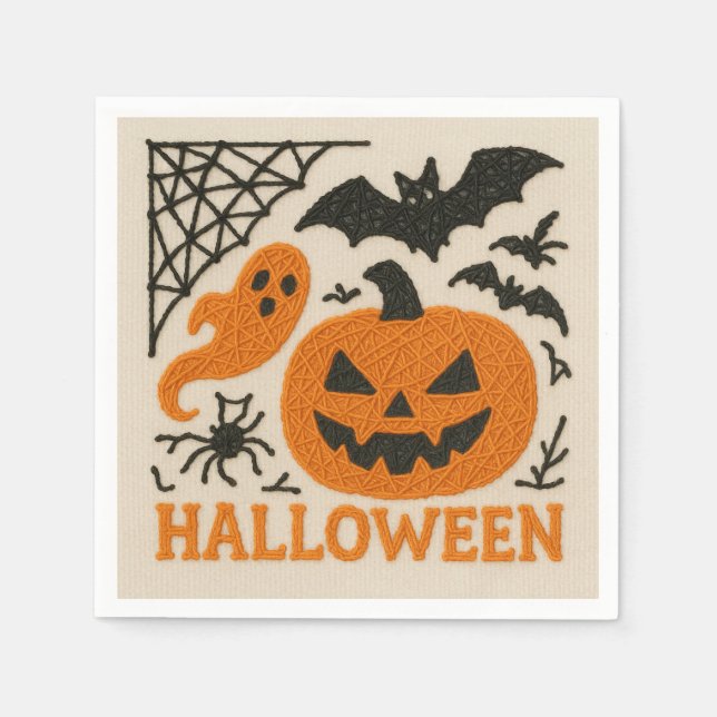 Cute Knitted Pumpkin Bat Halloween Napkin (Front)