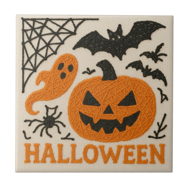 Cute Knitted Pumpkin Bat Halloween Tile (Front)