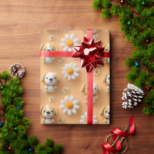 Cute Knitted Puppy and Daisy Seamless Pattern Wrapping Paper