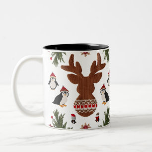 Cute Knitted Reindeer and Penguins Nordic Two-Tone Coffee Mug