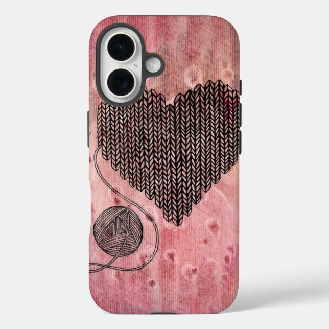 Cute Knitted Yarn Heart Watercolor iPhone 16 Case (Back)