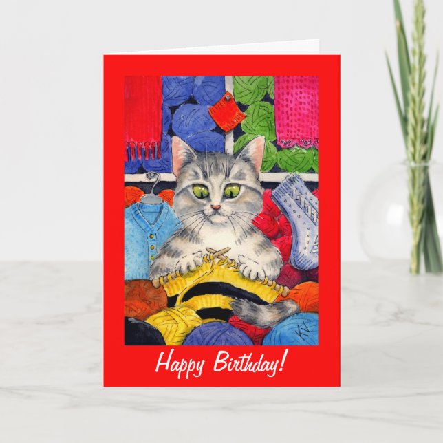 Cute knitting cat birthday or any occasion card (Front)