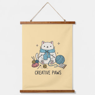 Cute Knitting Cat Blue Scarf Pastel Yellow Decor Hanging Tapestry