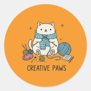 Cute Knitting Cat Yarn Orange Stationery Design  Classic Round Sticker