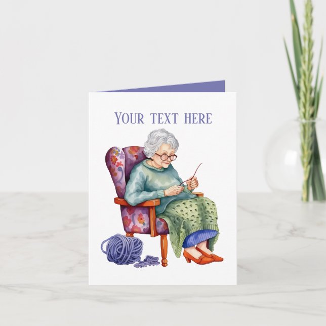 Cute knitting Elderly lady add message Card (Front)