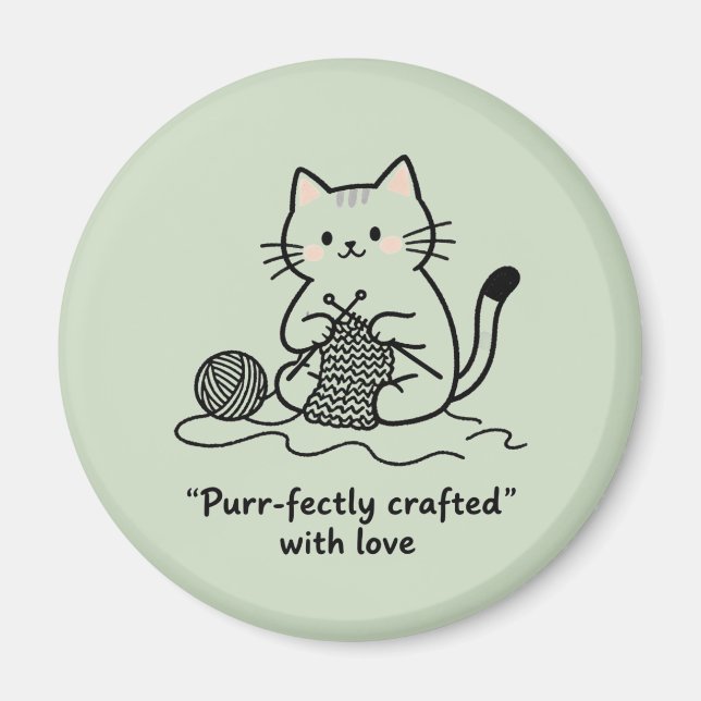 Cute Knitting Kitty Pastel Green Graphic Design Magnet (Front)