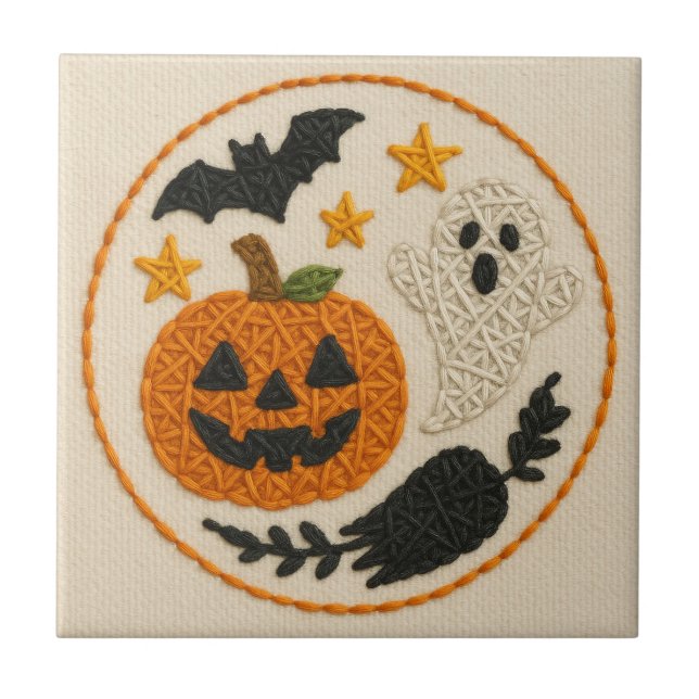 Cute Knitting Pumpkin Halloween Tile (Front)