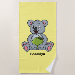 Cute koala and coconut cartoon illustration beach towel