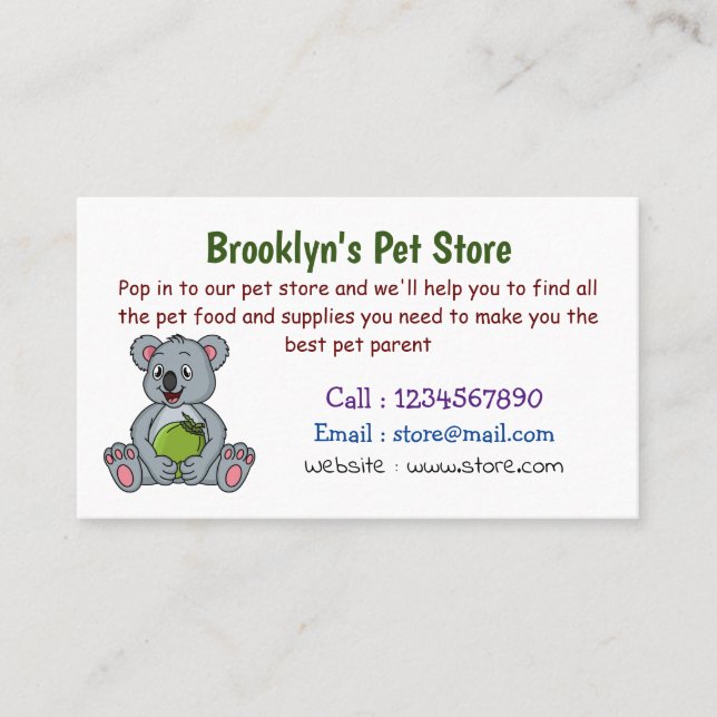 Cute koala and coconut cartoon illustration business card (Front)