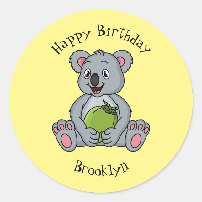 Cute koala and coconut cartoon illustration classic round sticker (Front)