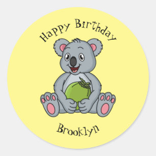 Cute koala and coconut cartoon illustration classic round sticker