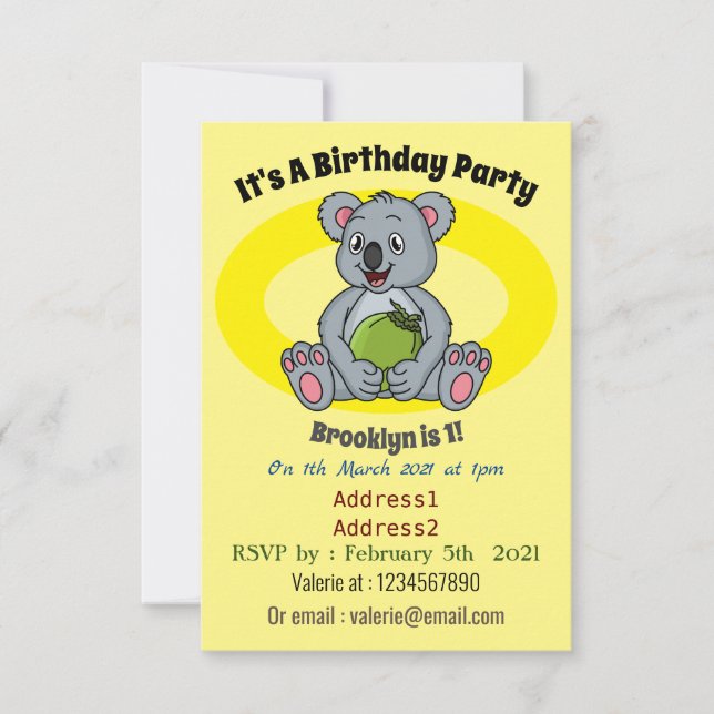 Cute koala and coconut cartoon illustration invitation (Front)