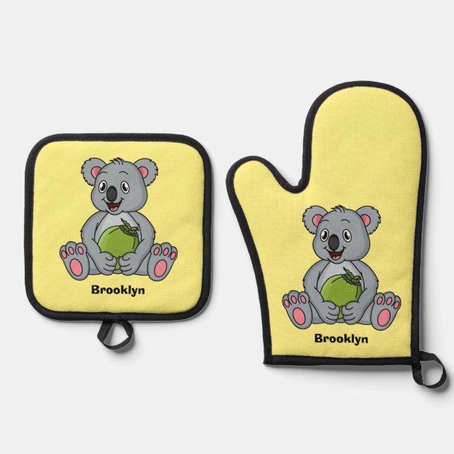 Cute koala and coconut cartoon illustration oven mitt & pot holder set (Front)