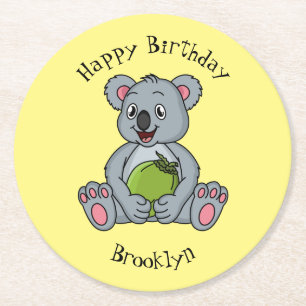 Cute koala and coconut cartoon illustration  round paper coaster