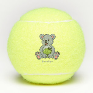 Cute koala and coconut cartoon illustration tennis balls