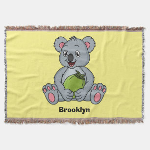 Cute koala and coconut cartoon illustration throw blanket